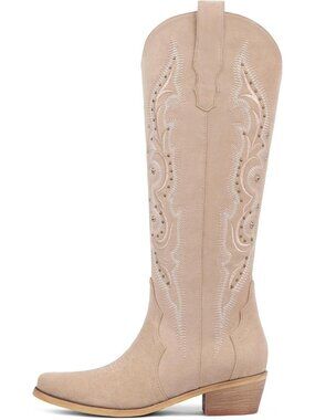 Women's Beige Suede Leather Cowgirl Boot Almond Toe Side Zipper with Chunky Heel